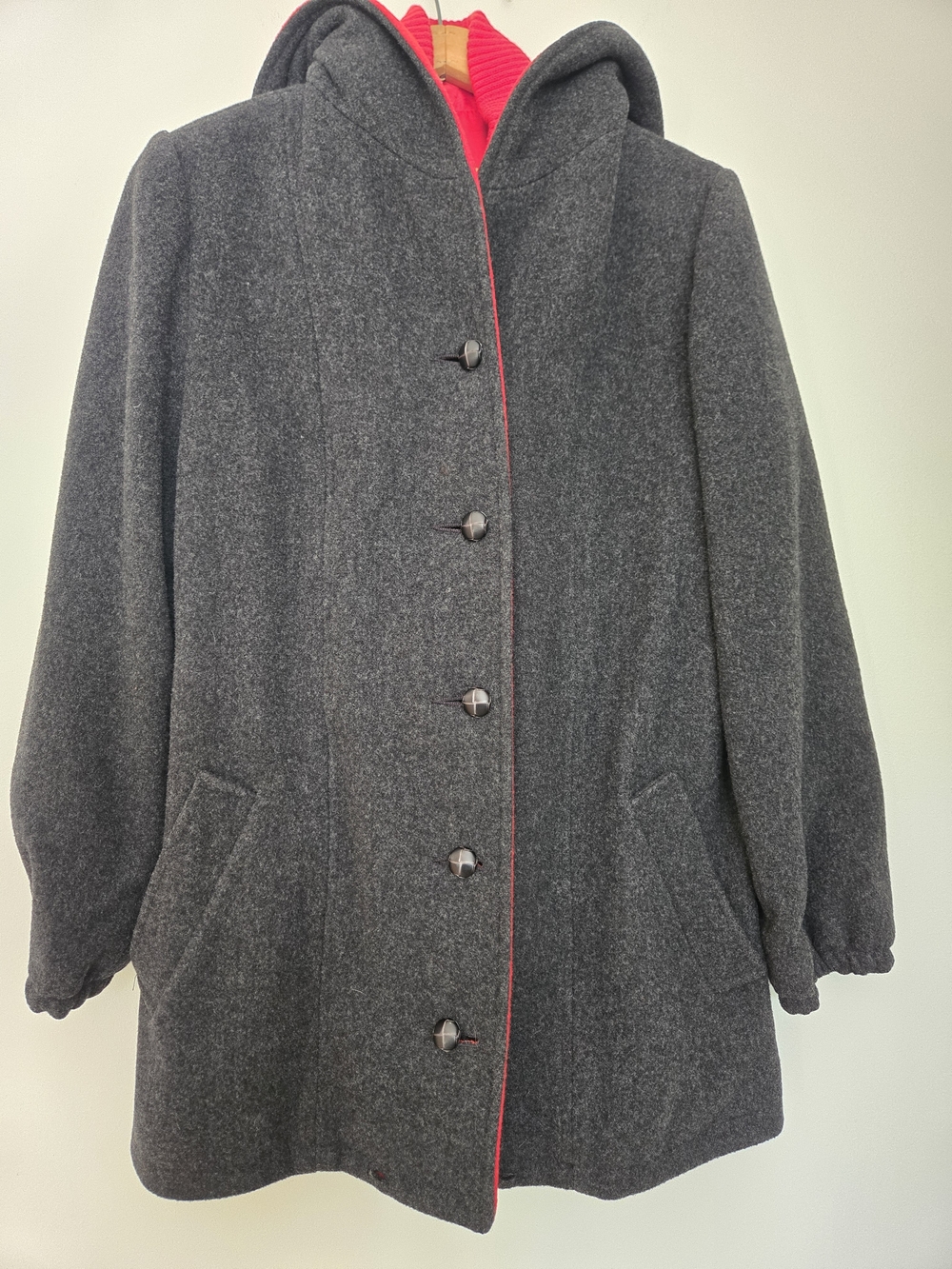 Women's Hooded Wool-Blend Coat in Charcoal with Red Trim